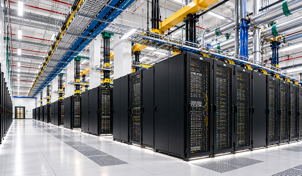Data centre server racks with hot/cold aisle containment